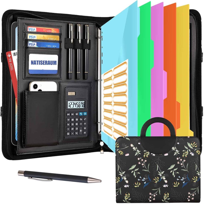 NATISERAUM Portfolio Binder 3 Ring Includes Pen and 5 Dividers with 10 Pockets, Padfolio Organizer with Zipper for Men and Women, Includes A4 Notepad for Business, School, Work - Image 1